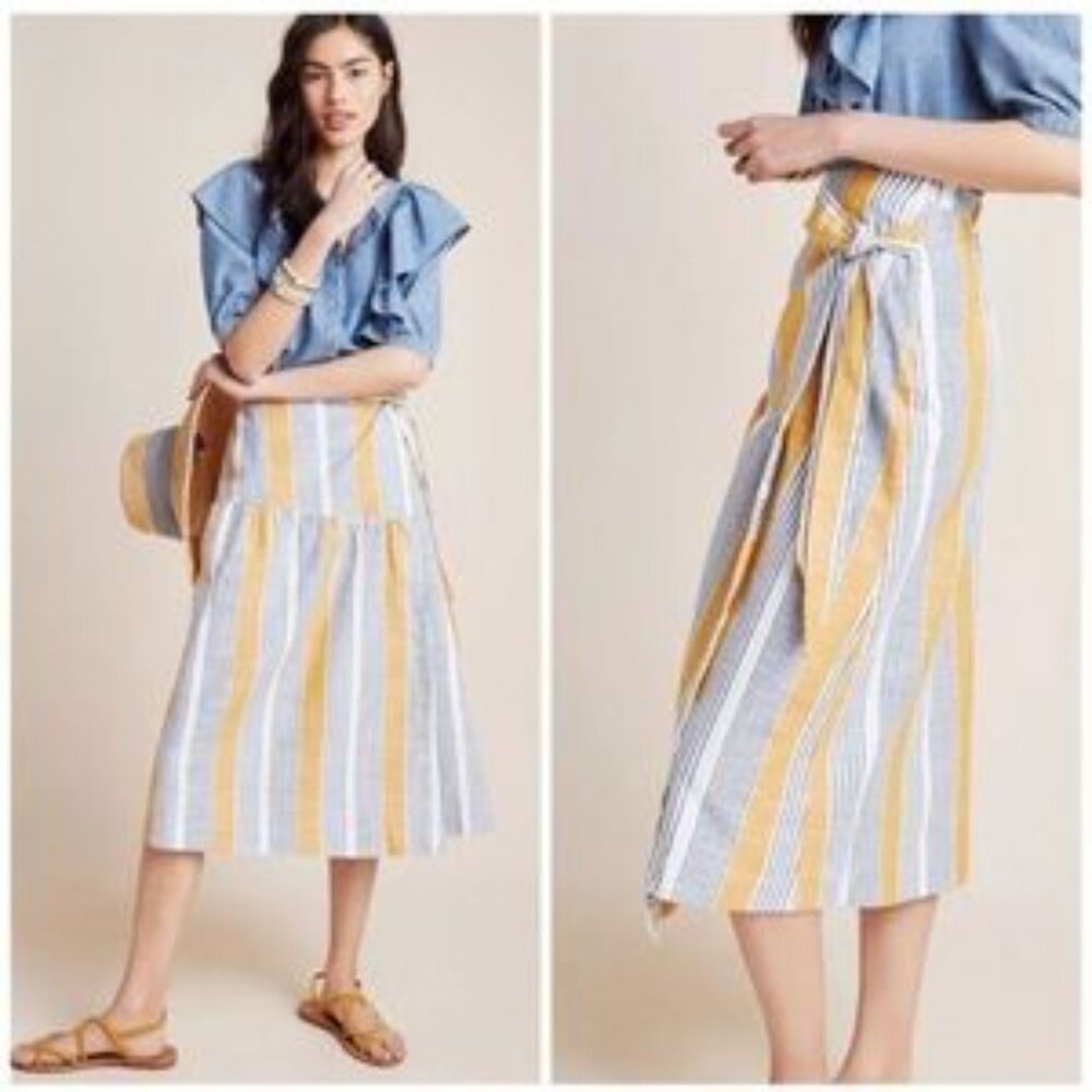 Anthropologie Maeve “Laura” wrap midi skirt yellow blue size 12